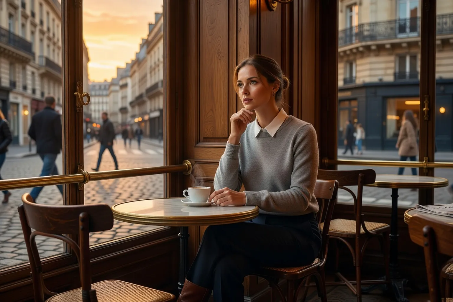 Jeune femme russe dans un café parisien, illustrant la vie de la diaspora russe en France