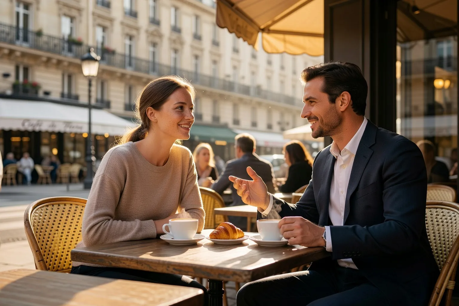 Couple franco-russe échangeant dans un café parisien, illustrant la rencontre interculturelle moderne