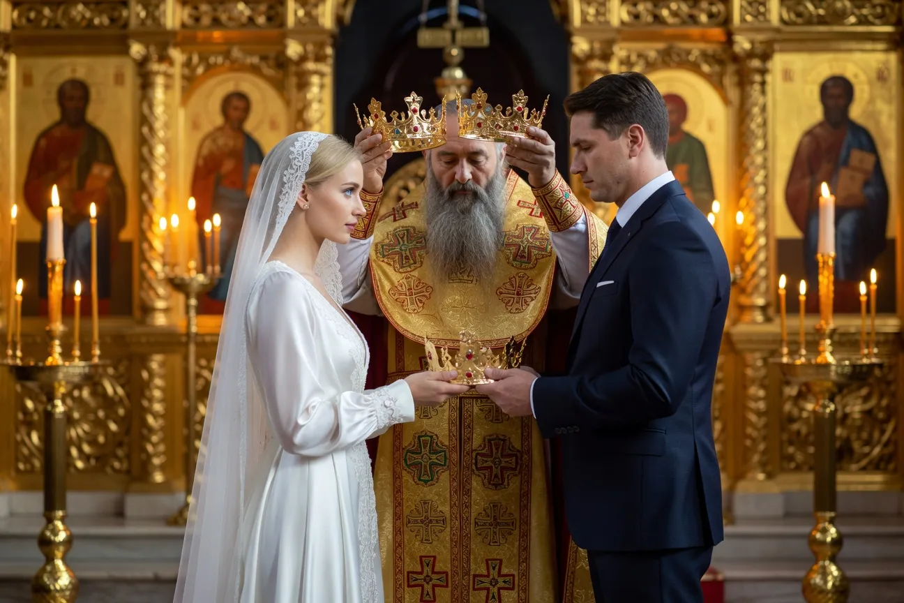 Cérémonie traditionnelle russe avec couronnes de mariage et icônes