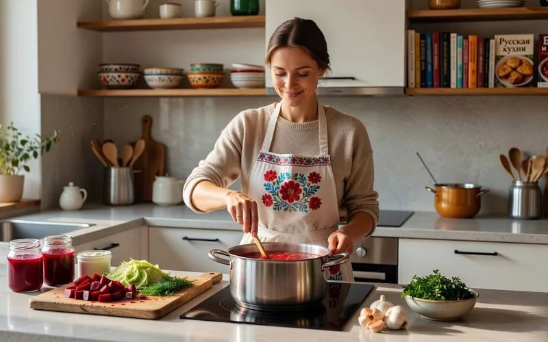 Table russe garnie de plats traditionnels faits maison, borchtch, pelmeni et pirojki, illustrant l'importance de la cuisine dans le quotidien