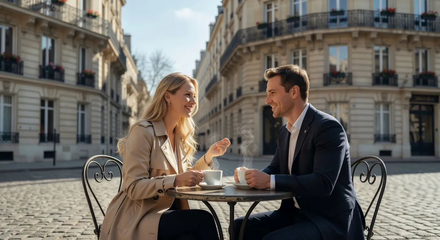 Couple franco-russe attablé dans un café parisien, illustration de la vie quotidienne d'une femme russe en France